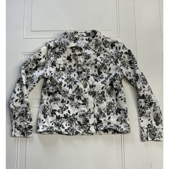 croft & barrow Jackets & Blazers - Croft & Barrow Womens Stretch Denim Jean Jacket Black Gray FLoral White Size M